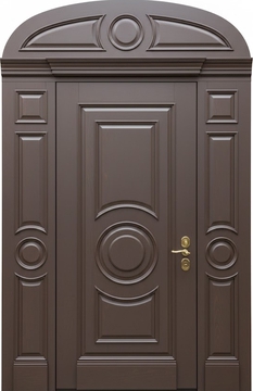 Парадная входная группа с терморазрывом, арочной фрамугой, карнизом и панелями МДФ с багетом